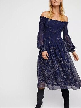 🆕️ Free People Smock Foil Balloon Sleeve Midi Dress in Evening Blue